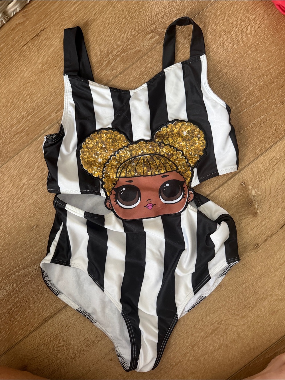 L.O.L. Surprise! Black & White Striped One-Piece Swimsuit with Gold Sequin Hair